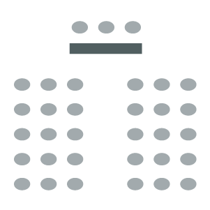 room setup icon of two sections of seating separated by a central aisle and a table up front