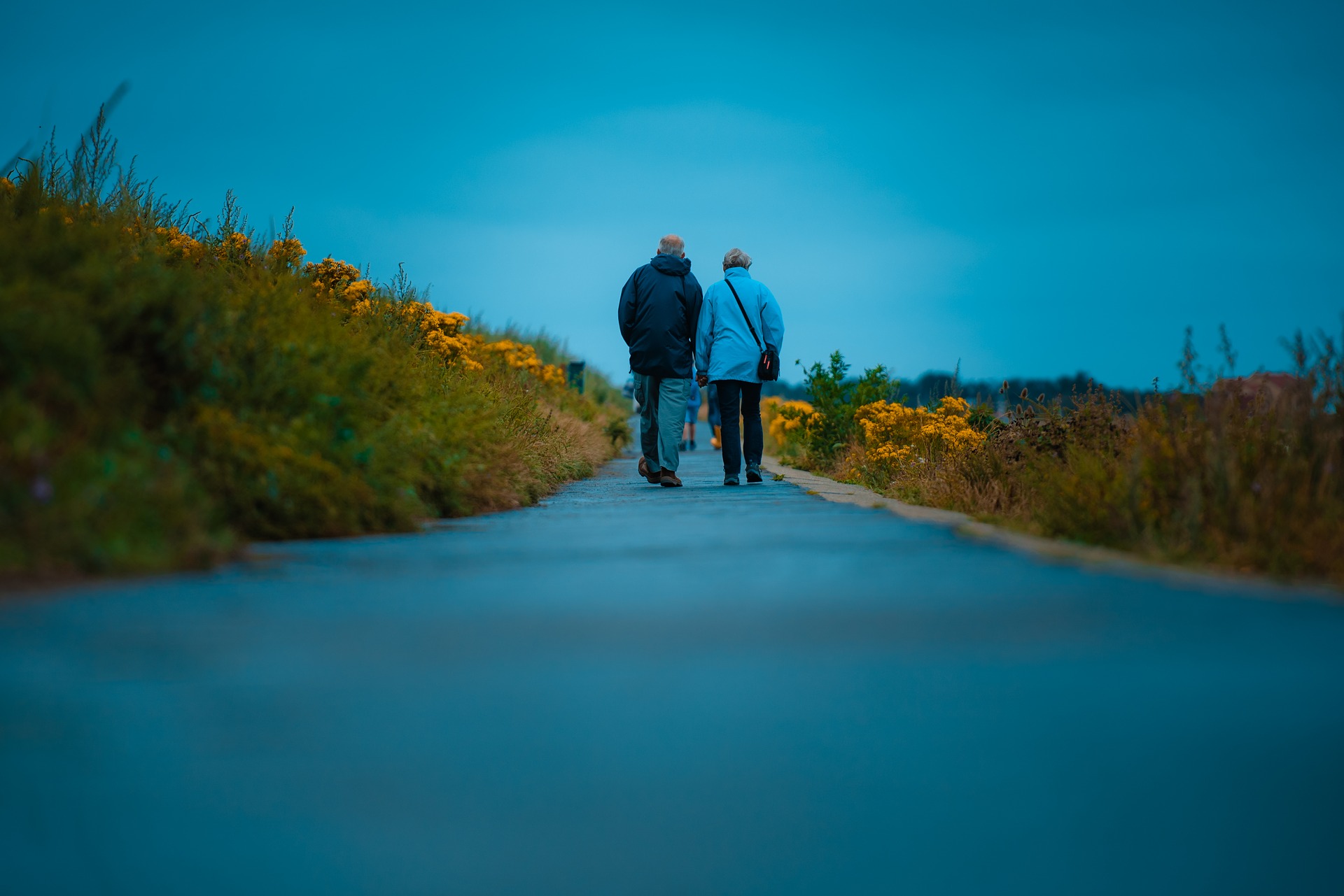 two adults walking on a country path