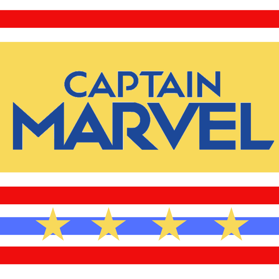 captain marvel sign with red and blue stripes and yellow stars 