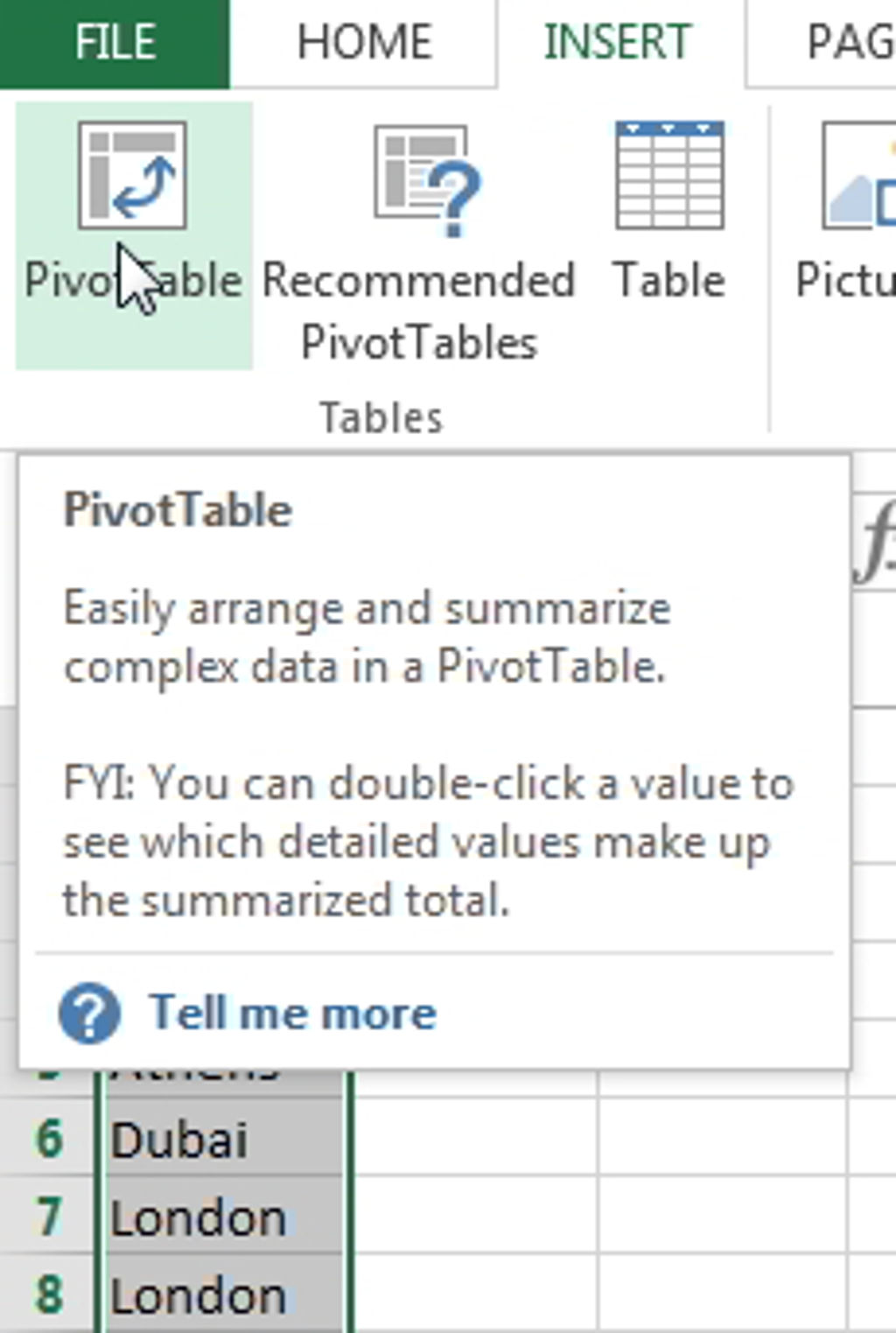 Pivot table insert icon