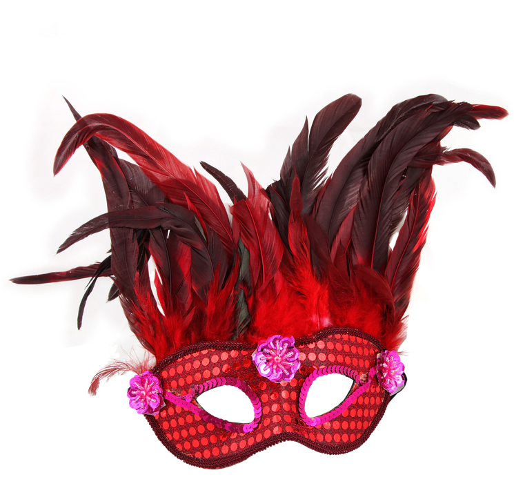 red Ventian mask with red and black feathers 