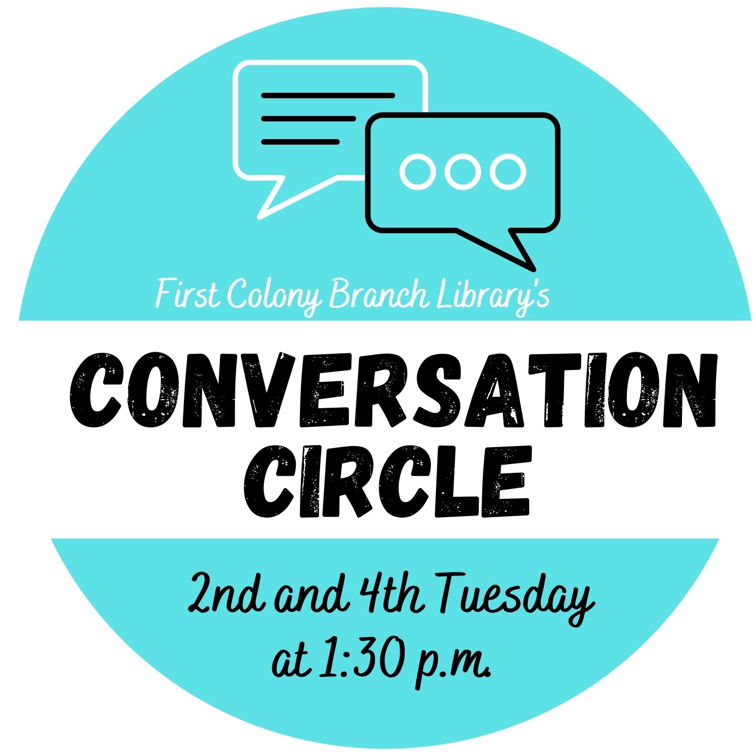 teal circle with white stripe that says conversation circle 