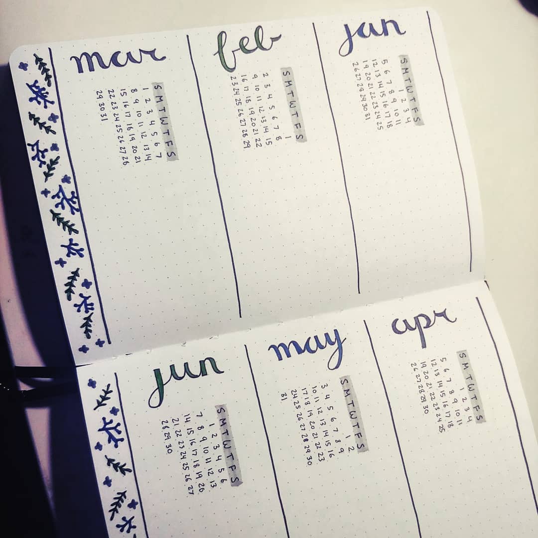 journal page with calendars for January through June