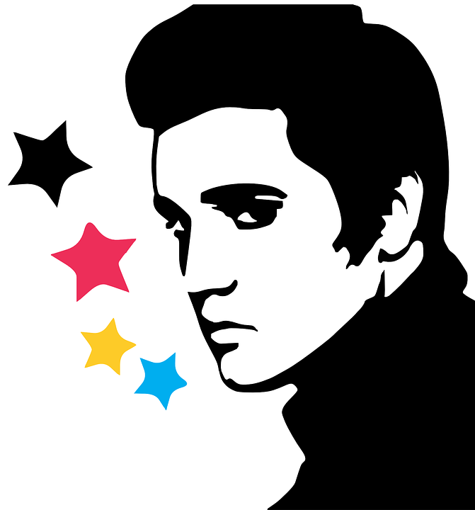 black and white Elvis Presley with four stars that are black, pink, yellow, and blue 