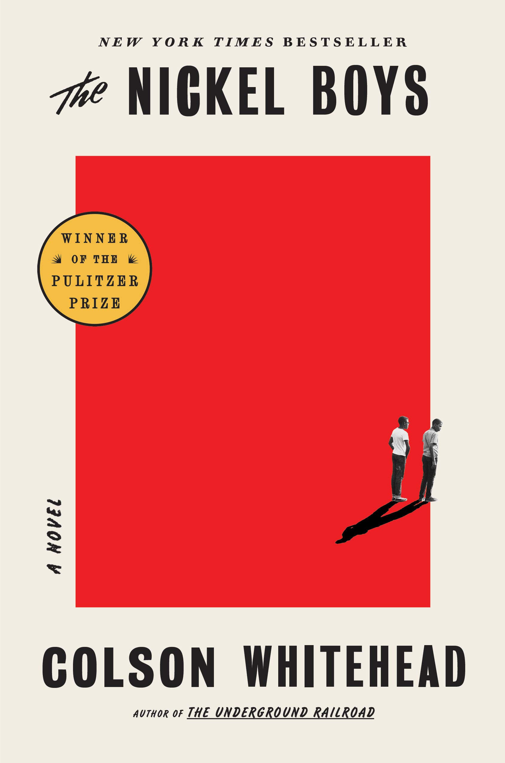 cover of the book The Nickel Boys by Colson Whitehead. Red rectangle with white background 
