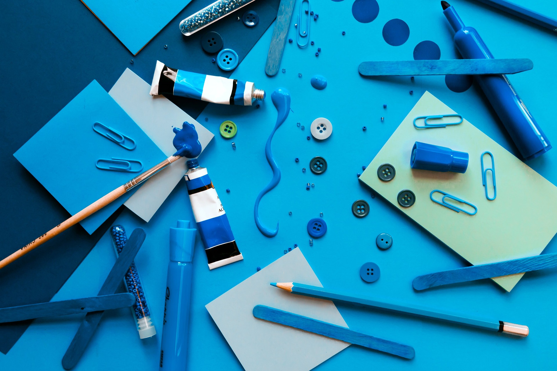 blue painting supplies on a table