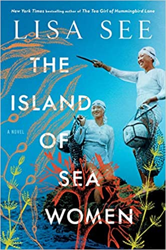 book cover of the island of sea women. two women with blue background 