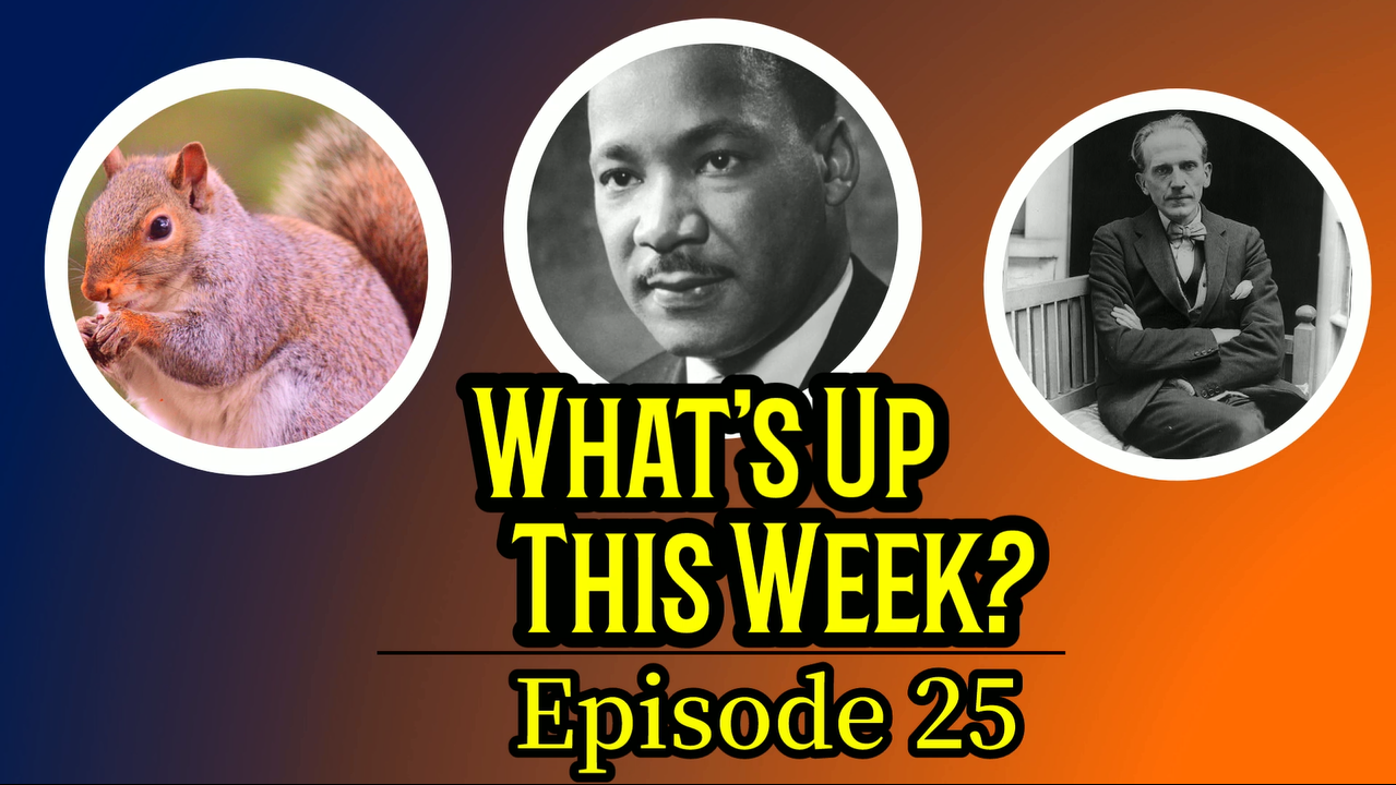 Text: What's Up This Week? Episode 25.  3 images: a squirrel, Dr. Martin Luther King, Jr., and author A.A. Milne.