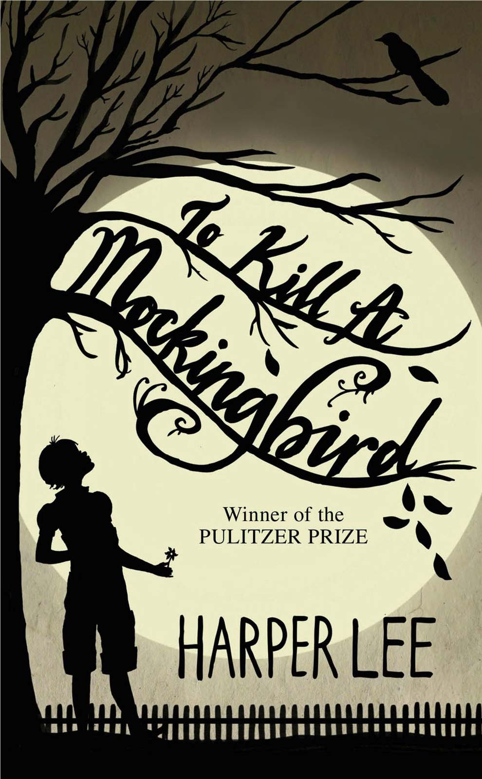 book jacket cover: a silhouette of a girl looking up at a tree.  The tree limbs spell out "To Kill a Mockingbird".