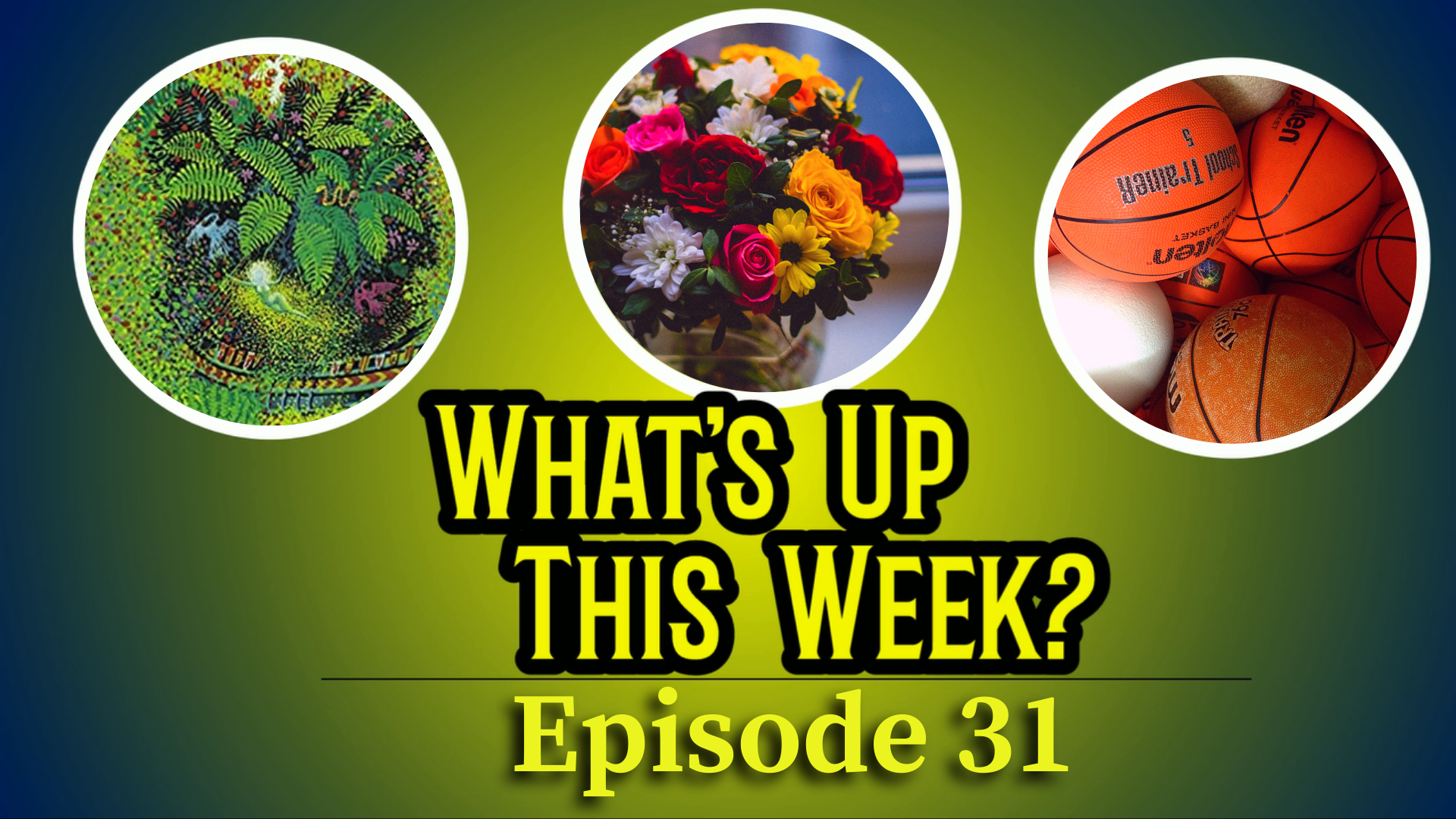 Text: What's Up This Week?, Episode 31.  3 circles contain images: the cover of a Garcia Marquez book, a bouquet of flowers, and several basketballs.