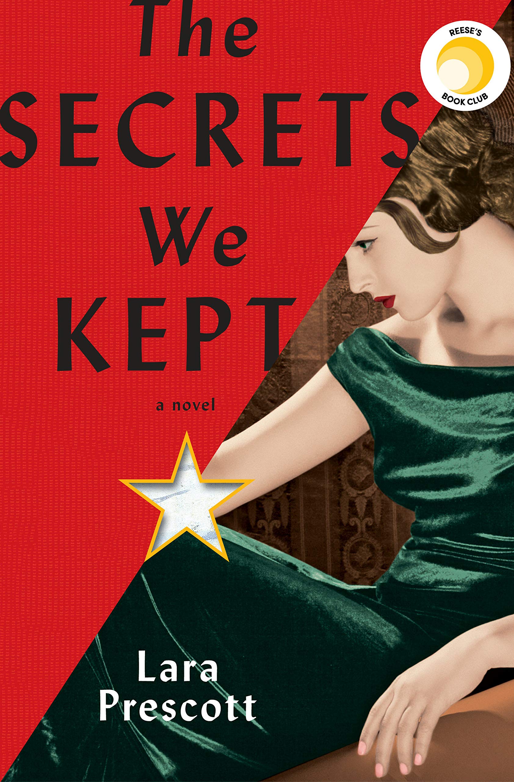 book cover of The Secrets We Kept. Woman in green dress on right, book title in black fond with red background on left.
