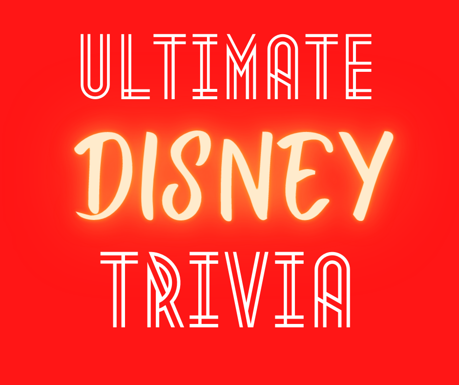 Red background and Ultimate Disney Trivia text in white and yellow. 