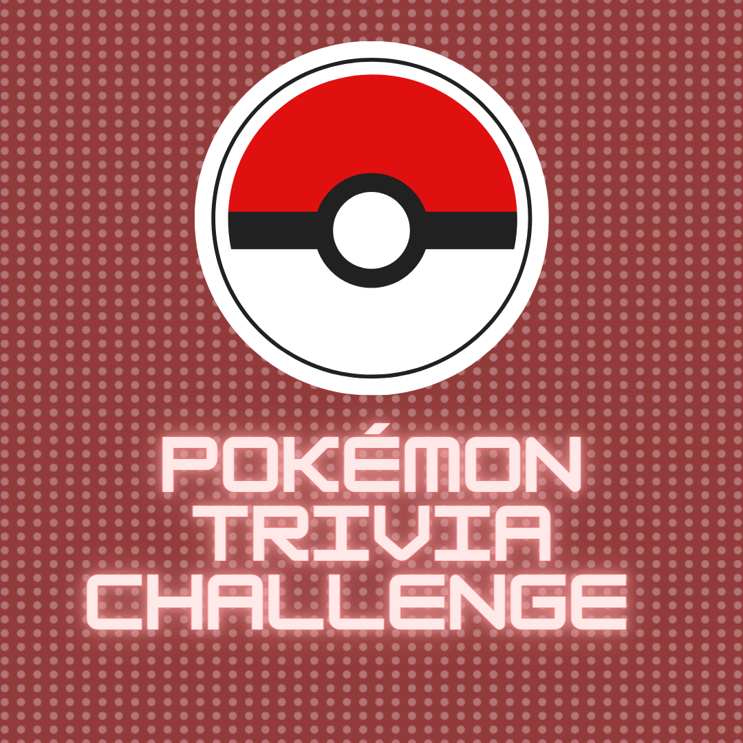 Pokemon Trivia Challenge text in white on red checkered background. Red, white and black Pokemon circle symbol above text. 