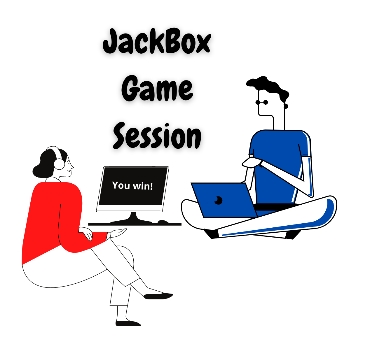 A woman in a red shirt and a man in a blue shirt sit with their computers playing games. 