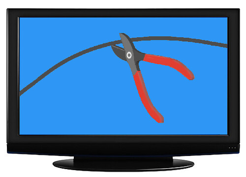 cord cutters cutting a cord on a television