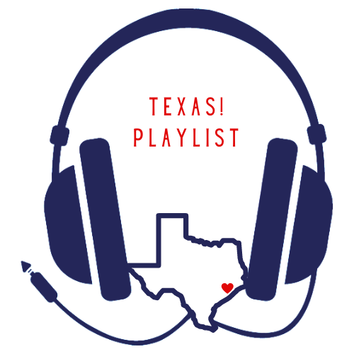 Clip art style headphones in navy blue.  The cord to the headphones creates the shape of Texas.  There is a small red heart representing where Fort Bend County is.  "Texas! Playlist" is in red letters, between the headphones.