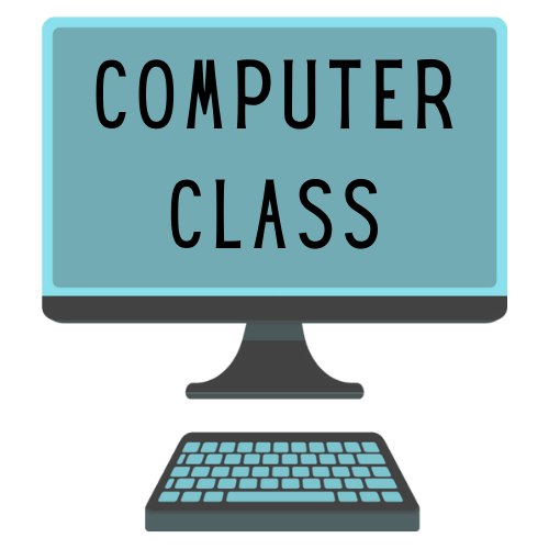 Teal and black graphic of a desktop computer and keyboard.  The words "Computer Class" appear on the computer's screen.