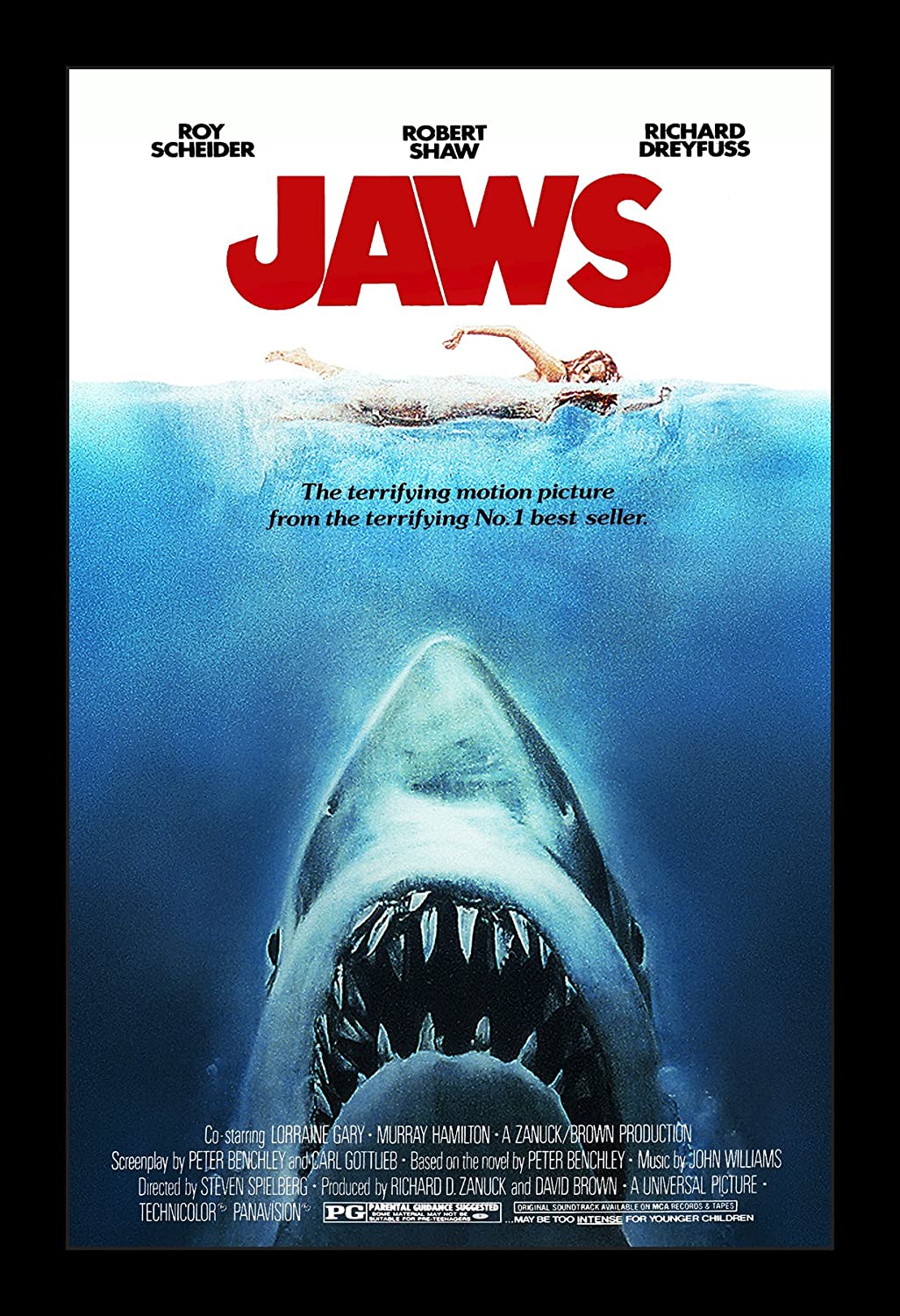 Official Jaws movie poster.  A shark emerging from the bottom of the image, towards a woman swimming at the top of the water.
