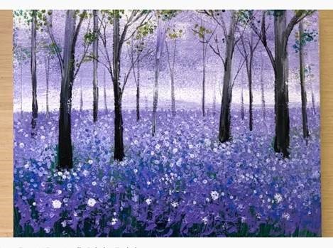 painting of trees in a field of purple flowers
