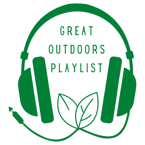 Clip art style headphones.  The cord to the headphones forms the shape of a tree leaf.  "Great Outdoors Playlist" appears between the headphones, above the leaf image.