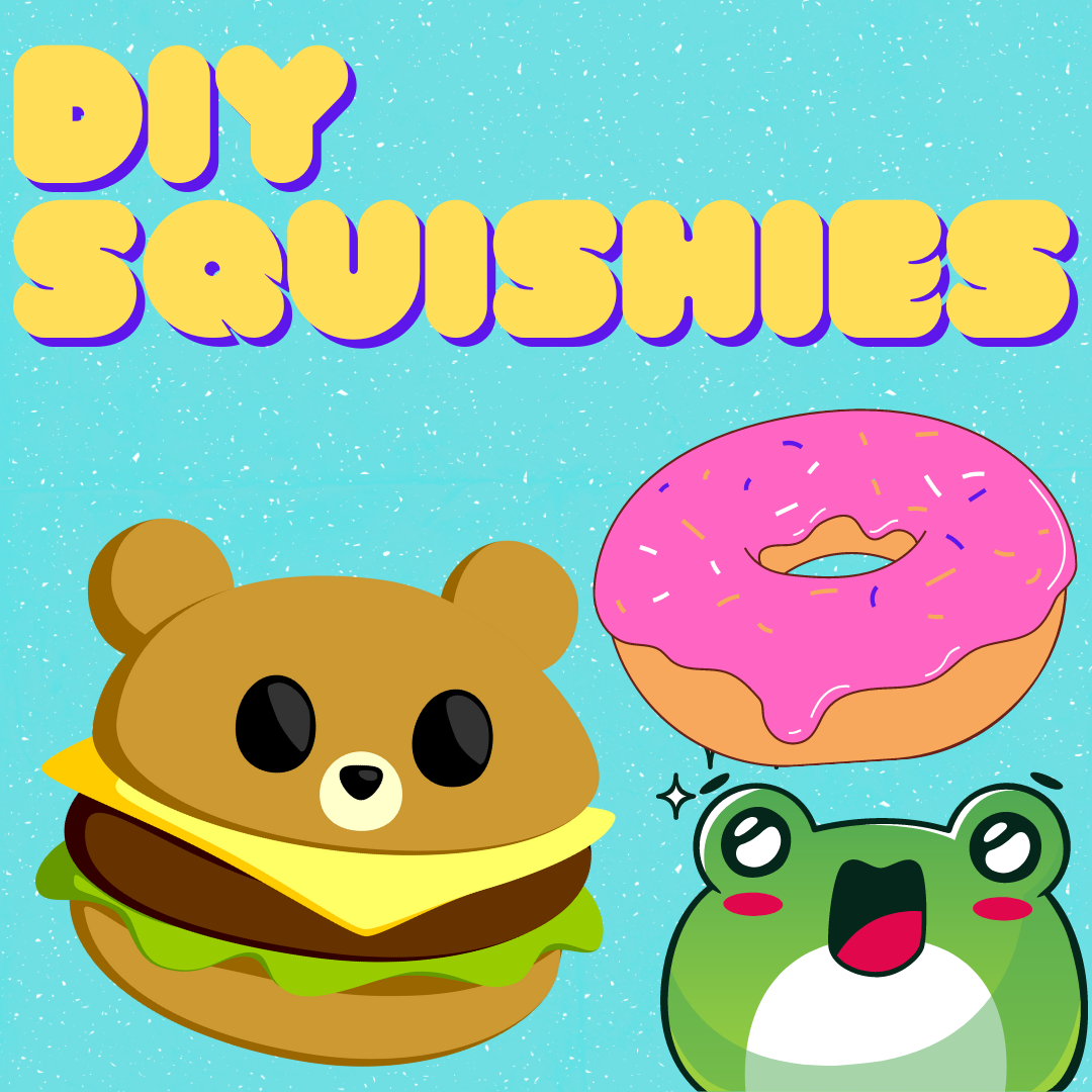 Text: DIY Squishies with illustration of donut, burger, frog