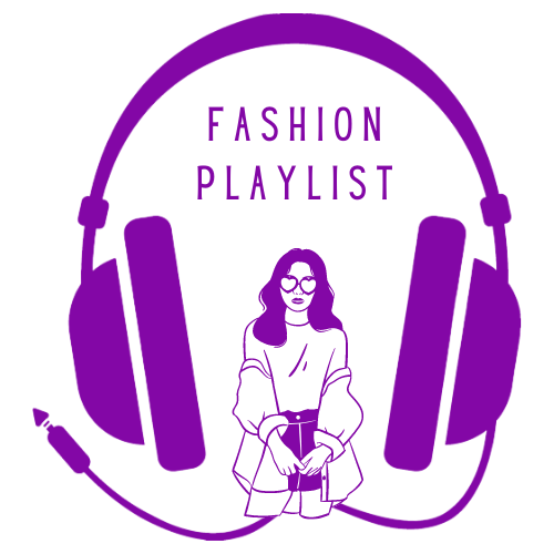 Clip art style headphones.  The cord to the headphones forms the shape of a fashionable woman.  "Fashion Playlist" appears between the headphones, above the image of the woman.