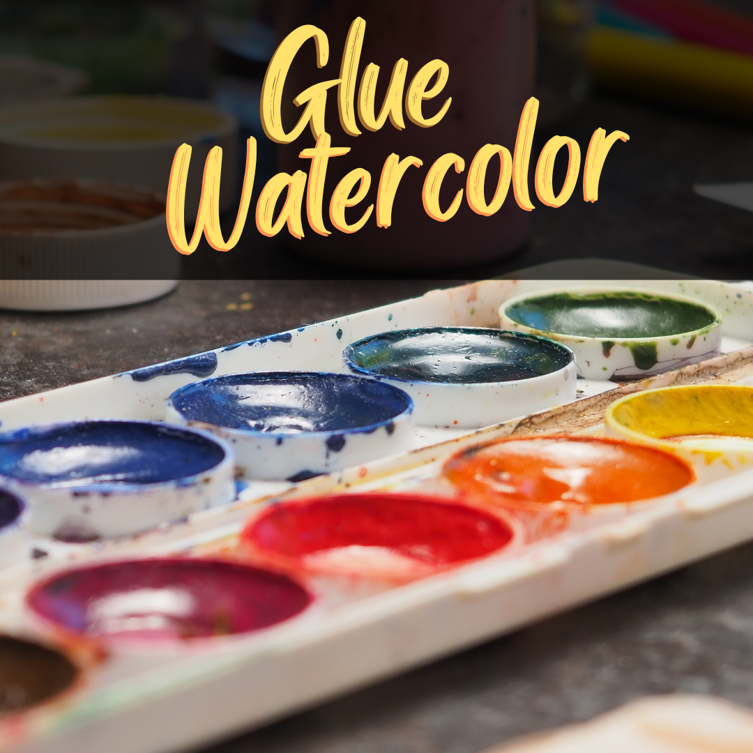 Watercolor paints with text reading "Glue Watercolor"