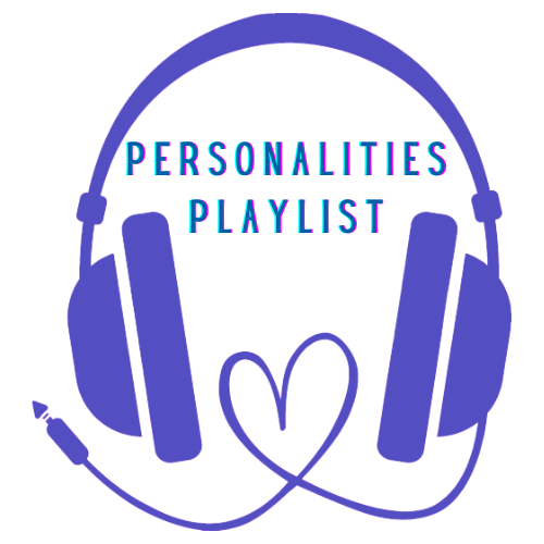 Clip art style headphones.  The cord to the headphones forms the shape of a heart.  "Personalities Playlist" appears between the headphones, above the heart.