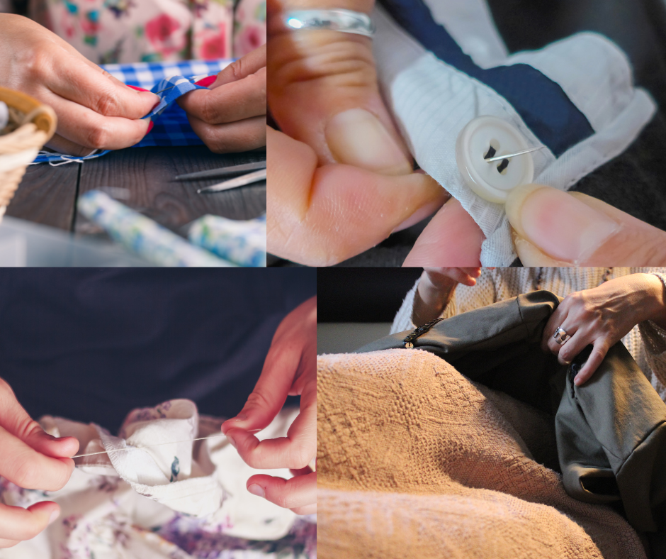 People sewing buttons to clothing.