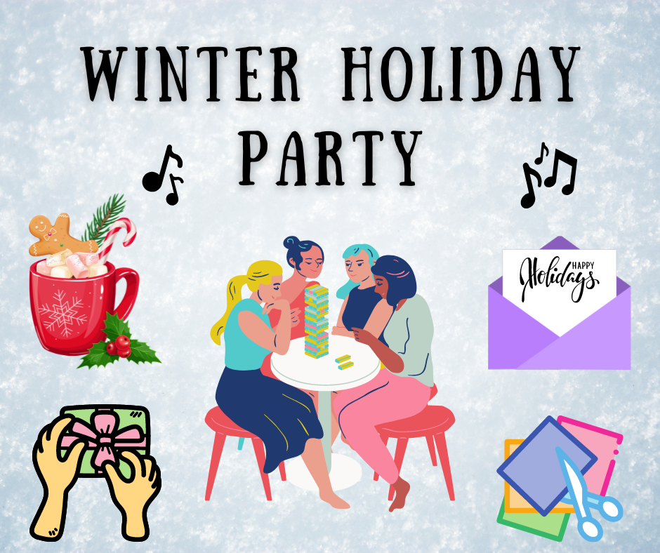 Snowy background with the words, "Winter Holiday Party" at the top and center.  5 graphics appear below: hot cocoa with a gingerbread man sticking out, 2 hands wrapping a gift, a purple envelope with a card sticking out with the words, "Happy Holidays" on it, and colorful pieces of paper with a pair of scissors.  Music notes also appear on either side of "Winter Holiday Party".
