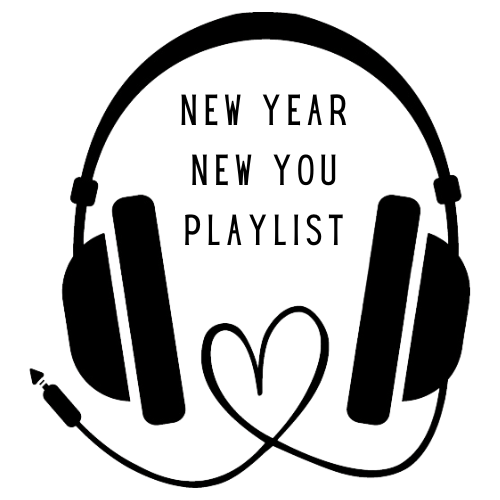 Clip art style headphones.  The cord to the headphones forms the shape of a heart.  "New Year, New You Playlist" appears between the headphones, above the heart.
