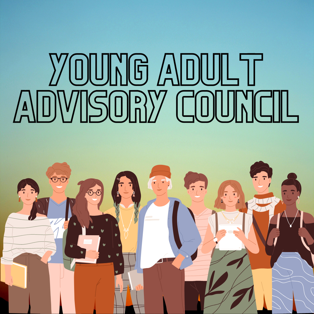group of teens standing in row. text: young adult advisory council
