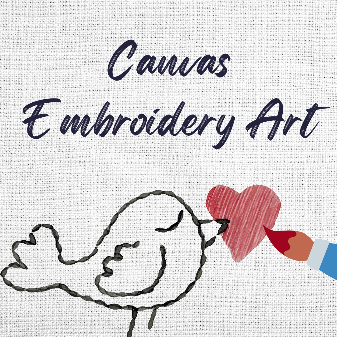 stitched bird with painted heart. text: canvas embroidery art