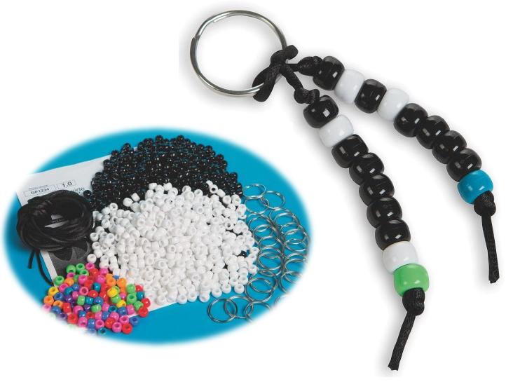 A keychain made with beads of different colors, representing initials in binary code