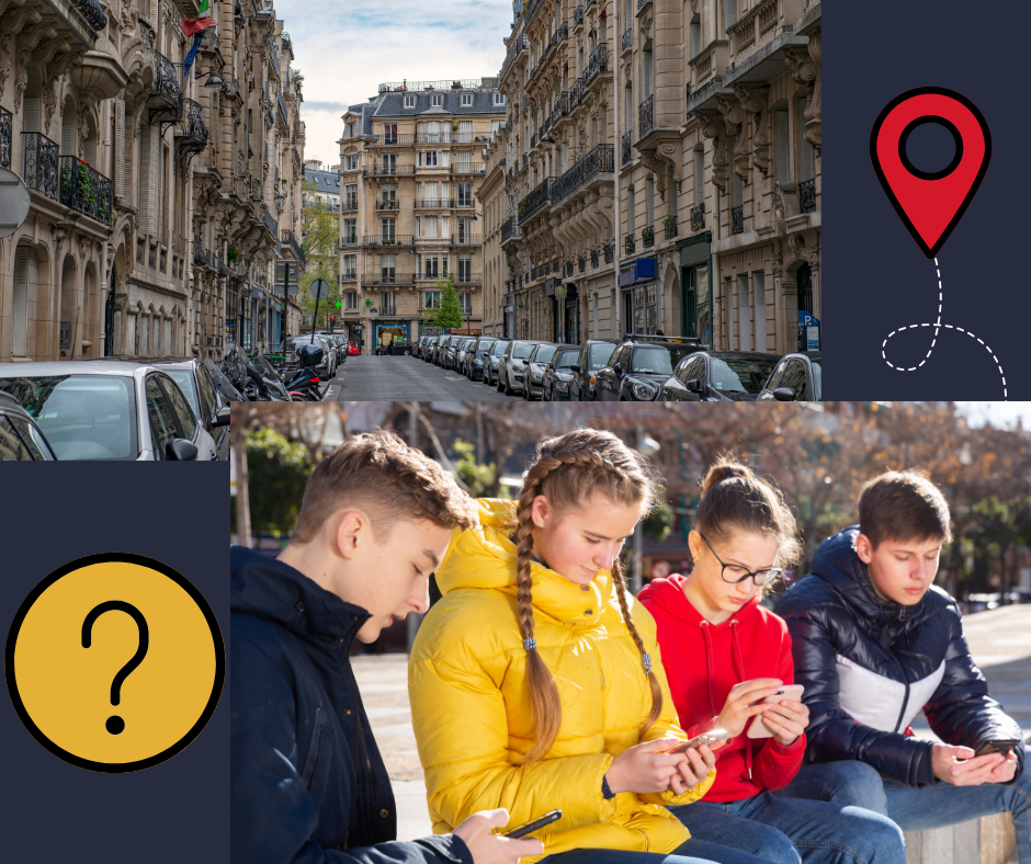 Teens looking at phones, with a Paris street in the background