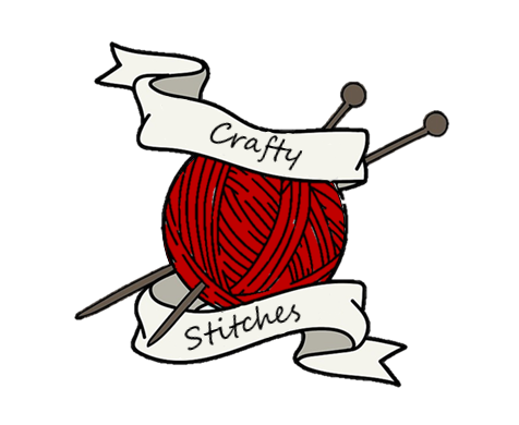 a ball of red yarn with knitting needles in it. a white ribbon above and below the yarn reads "Crafty Stitches."