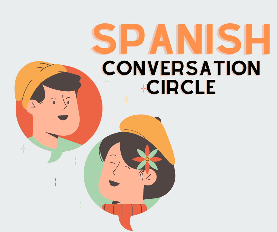 Spanish Conversation Circle text with people talking graphic.