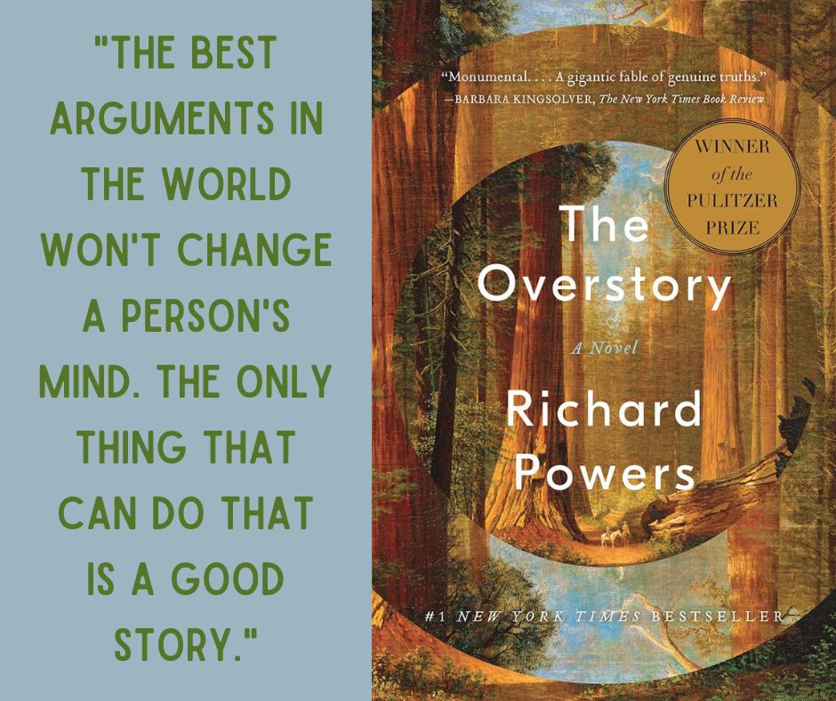 Quote on left: "The best argument in the world won't change a person's mind. The only thing that can do that is a good story."  Book cover on right.