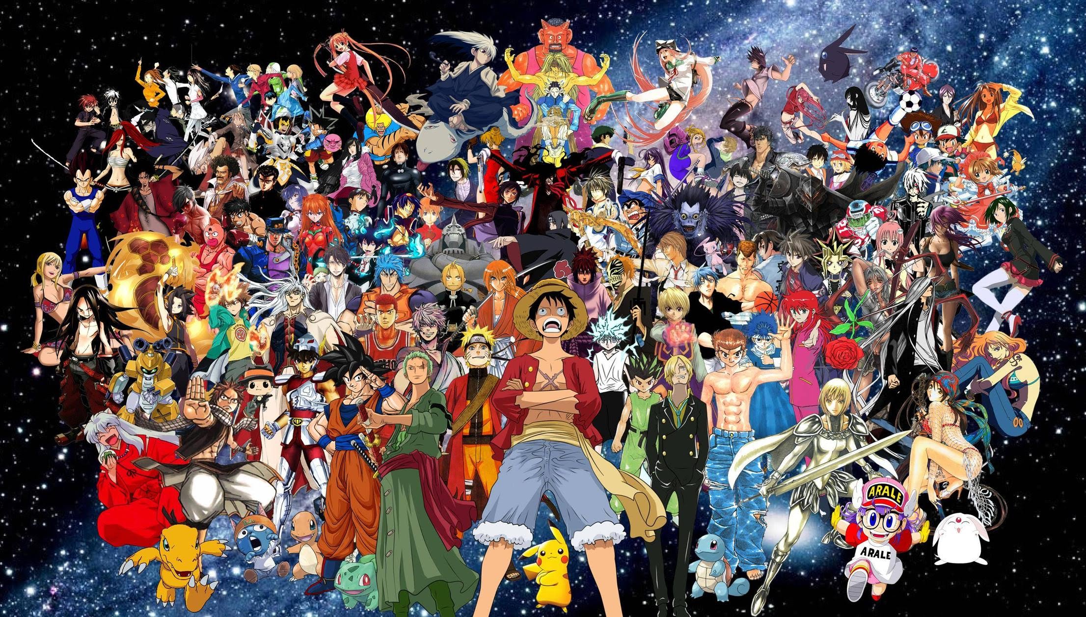 A large group of anime characters standing together.