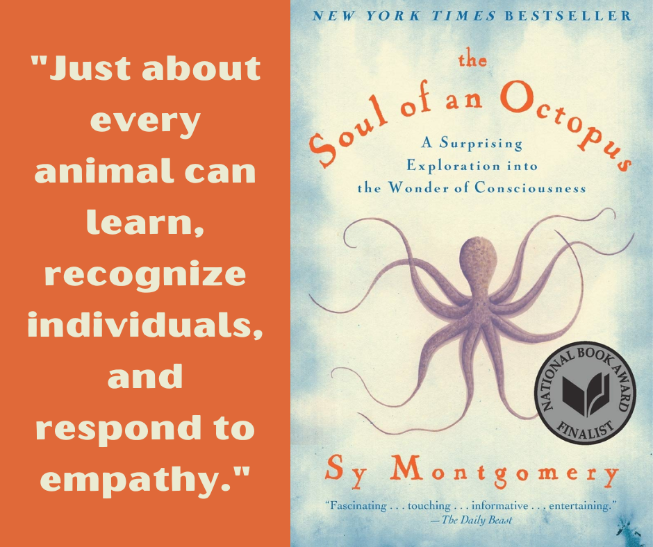 Quote on left: "Just about every animal can learn, recognize individuals, and respond to empathy."  Book cover on right.