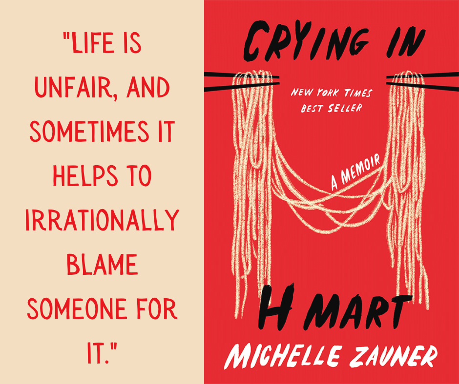Quote on left: "Life is unfair, and sometimes it helps to irrationally blame someone for it."  Book cover on right.