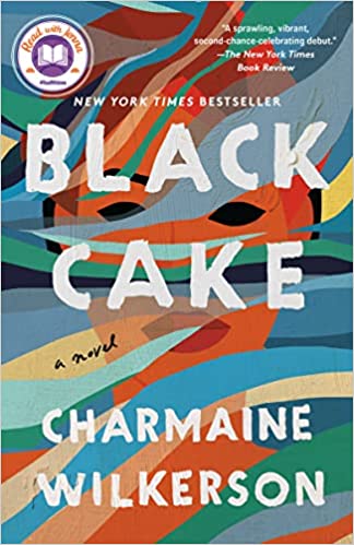 Swirling multi-colors with female African American face interspersed. Book cover for Black Cake by Charmaine Wilkerson