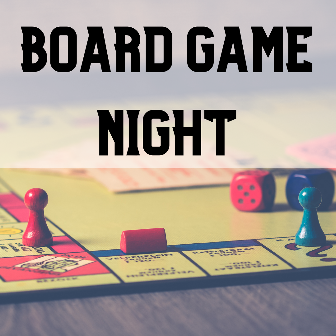 The words "BOARD GAME NIGHT" written over the board game Monopoly.