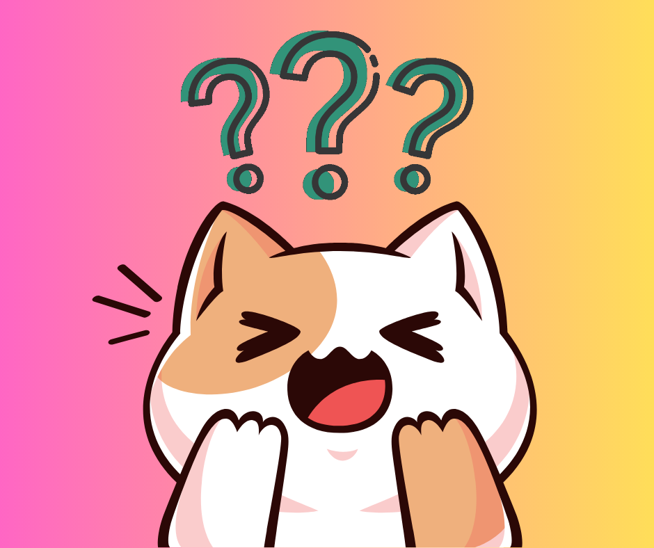 A cute anime-style cat with question marks over its head