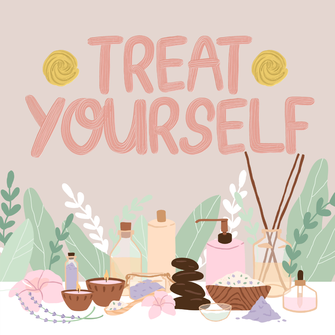 text: treat yourself with illustration of bath products