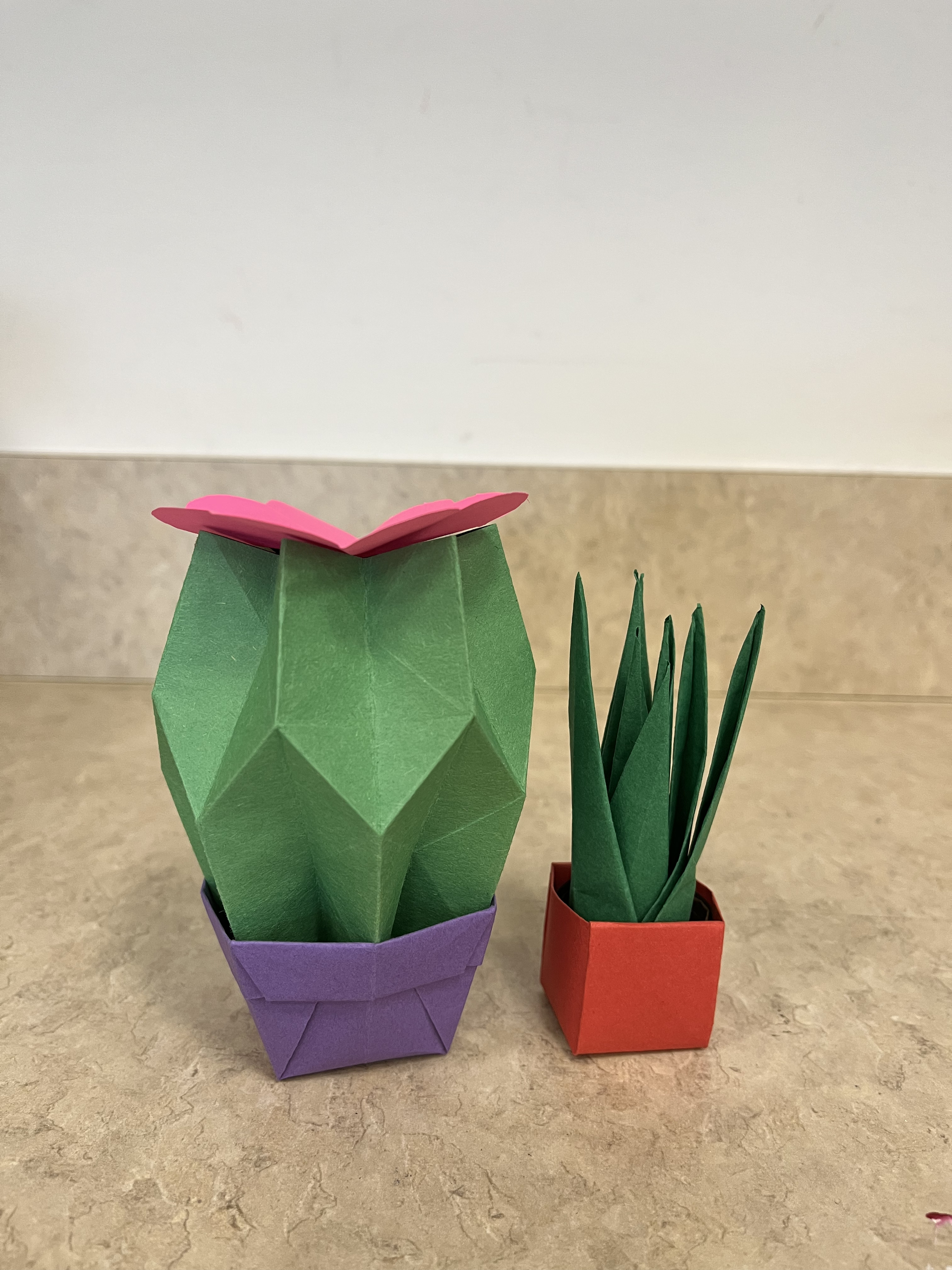 Two examples of succulents made from origami paper, one cactus-like, and one aloe-like