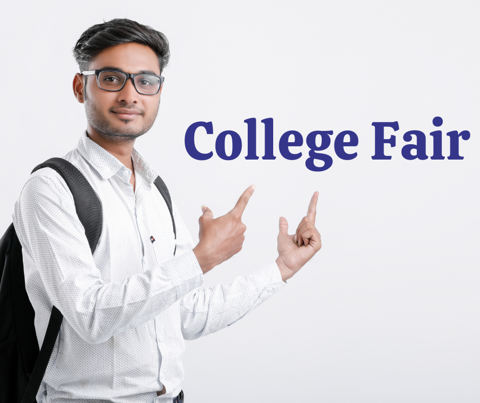 A young man wearing a backpack is pointing at the words, "College Fair".