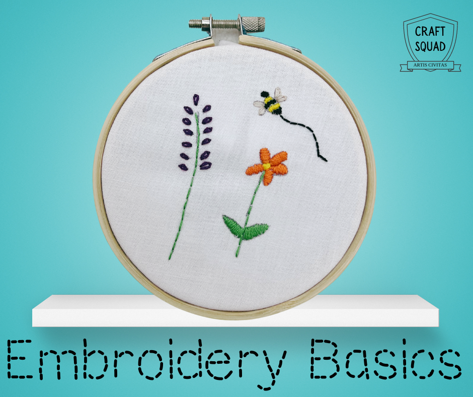 Teal background with a white floating shelf.  An example of the embroidery design to be taught in the program rests on the shelf.  Underneath, the words "Embroidery Basics".  In the upper right corner, the Craft Squad logo.