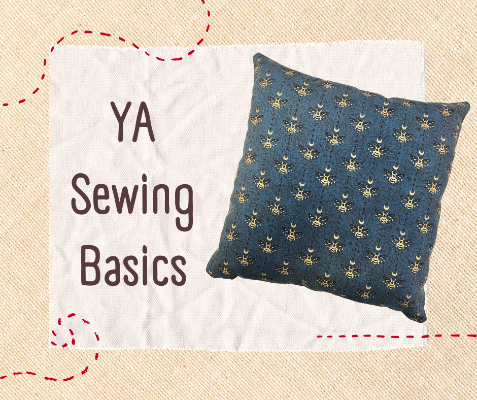 Beige background with red doted lines.  "YA Sewing Basics" on the left side.  A photo example of the pillow patrons will make in the program is on the right.
