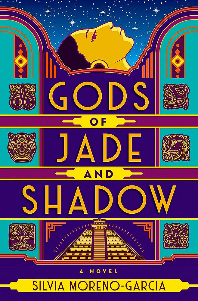 image of the book cover "Gods of Jade and Shadow" by Silivia Moreno-Garcia, depicting art deco/Mesoamerican abstract imagery